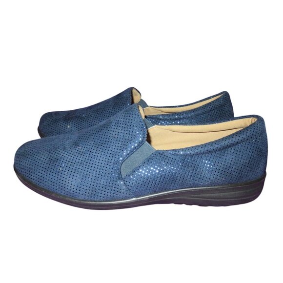 Clarks Collection Navy Blue Perforated Glitter Slip On Loafers Antifatigue - Picture 1 of 6